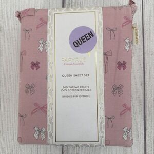 Papyrus Sheet Set QUEEN Pink Gray Bows 100% Cotton Percale Whimsical Feminine